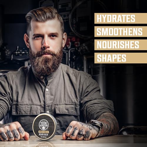 Viking Revolution Spiced Vanilla Beard Balm for Men (2oz) and Beard Wash, Conditioner for Men (17oz each) - Beard Softener, Moisturizer With Argan, Jojoba Oil