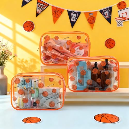 Kacctyen 12 Pcs Basketball Clear Makeup Bag with Zipper Bulk Sport Goodie Clear PVC Pouch Organizer Waterproof Travel Case for Woman Team Gifts Birthday Decorations Supplies