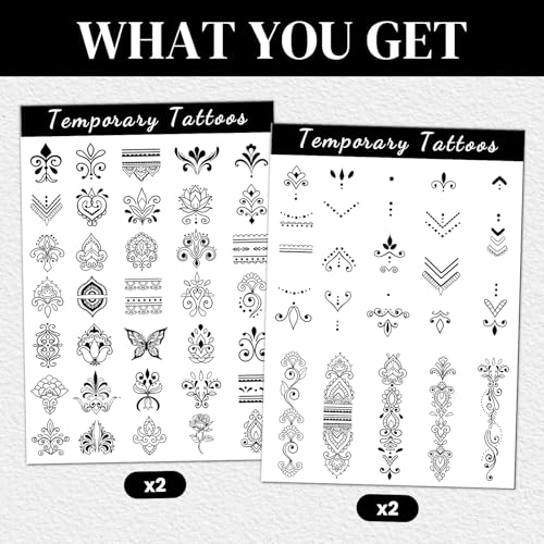 Cerlaza 62 Styles Temporary Tattoos Adult, Henna Hand Finger Fake Tattoos Semi Permanent Tattoo for Women Men, Realistic Long Lasting Small Hannah Tatoo Temporary Kits Stickers Body Art for Neck