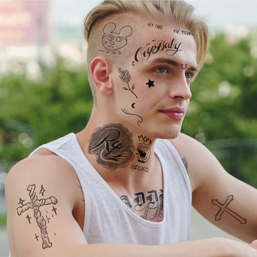 4-Sheet Rapper-Inspired Temporary Tattoos - Face & Body Hip-Hop Tattoo Stickers for Men, Women and Kids - Waterproof Fake Tattoos for Cosplay, Halloween, and Parties