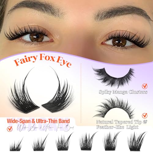 Fairy Lash Clusters Kit Fox Eye Cluster Eyelash Extensions Kit Natural Eyelash Clusters Kit Spiky Manga Wispy Cluster Lashes Cat Eye 8-20mm DIY Individual Lash Extension 144Pcs by YDAGKH