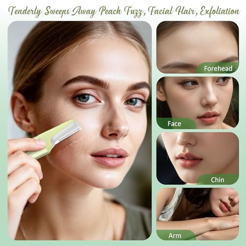 Sonic Dermaplane Razor for Women Face Beauty Face Epilator, Exfoliation & Peach Fuzz Facial Hair Removal for Women, Electric Face Razors Shaver Trimmer Anti-Aging 3 Speeds & 10 Refill Blades, Green