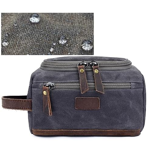 Toiletry Bag For Men Dopp Kit Durable Waxed Cotton Canvas With Leather Handle Toiletry Organizer Water-resistant Shaving Bag for Toiletries (Waxed Canvas, Grey)