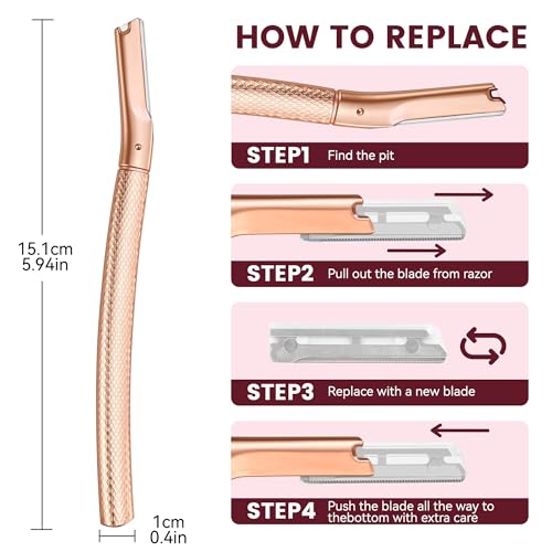 Eyebrow Razor-Face Razors for Women-Dermaplaning Tool for Face Exfoliation & Peach Fuzz with 12 Refill Blades-Facial Dermaplane Razors Shaver-Rose Gold