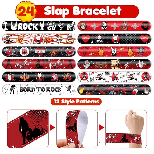 72PCS Rock and Roll Party Set 48PCS Temporary Tattoos 24PCS Slap Bracelets Music Themed Birthday Supplies, Baby Shower Gifts, Classroom Rewards & Party Decor for Kids Boys Girls