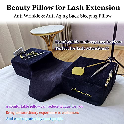 Puransen Lash Bed Pillow with Neck & Back Support - Curved Memory Foam Beauty Pillow for Eyelash Extensions & Salon Services, Two Pockets for Tools on The Sides of Removable Velvet Pillowcase (Black)