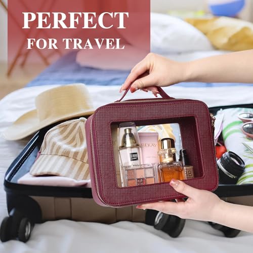 Pinkmik Clear Makeup Bag with Brush Bag 3pcs Waterproof Travel Case for Cosmetics and Toiletries Women's Makeup Organizer with Zipper (X/Burgundy, L+M+SLIM)