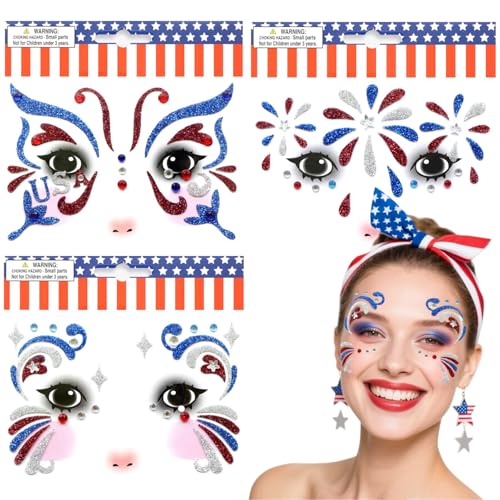 3 Sheet Patriotic Face Gems Set Blue and Red Face Jewels Stick on Face 4th of July Eye Gems Face Stickers for Women, Body Eyes Face Tattoos Sticker for Independence Day Party Festival Accessory