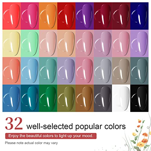 JODSONE Gel Nail Polish Kit with U V Light 32 Colors Gel Polish Nail Kit 4 Bottles of 15ML Nail Dehydrator Nail Primer Base Coat Top Coat Glossy Surface Quick Drying Durable