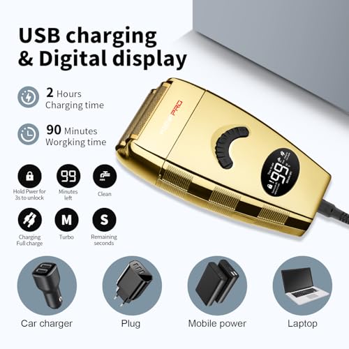 HIENA PRO Reciprocating Foil Shaver for Men, Professional Bald Precision Trimmer and Beard Trimmer, Electric Foil Shaver with USB Charging, Grooming Tools, Gifts for Men(Gold)