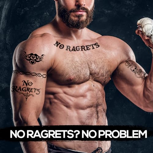 No Ragrets & Barbed Wire Halloween Temporary Tattoos 4 Sheets - Realistic Tattoo Stickers Arm Bands, Spine & Neck Costume for Scary Funny Adult Women Men Parties
