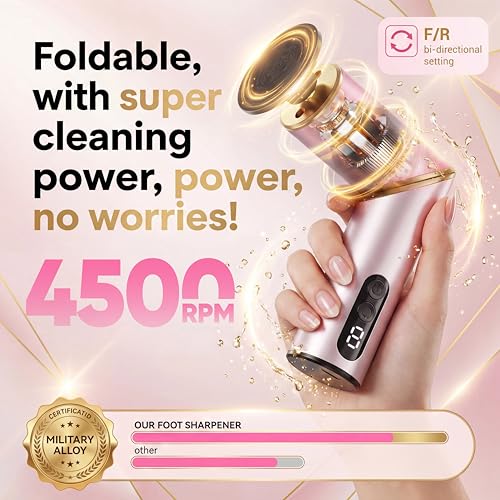 Electric Foot Callus Remover, Rechargeable Pedicure Kit with 10 Heads & 40 Grit Pads, 3 Speed LED Display, Strong Motor for Heels & Dead Skin, Portable & Foldable Callus Remover for Smooth Feet, Pink