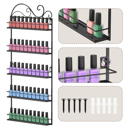 ERYTLLY Wall Mounted Nail Polish Rack, Rectangle Nail Storage Organizer, Salon Shelf Organizer (Black)