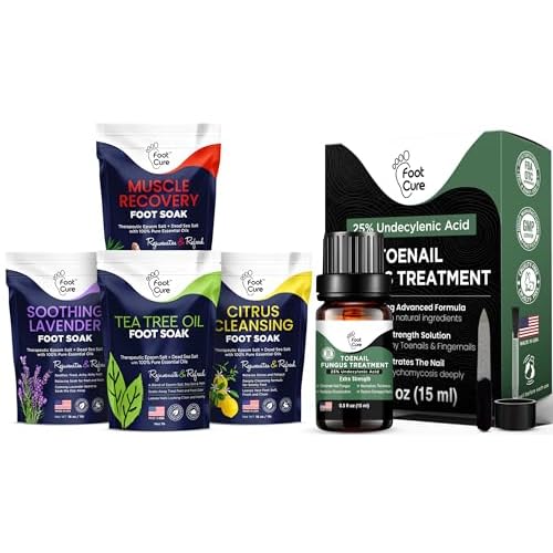 Foot Soak with Epsom Salts- Variety Pack of 4- Tea Tree Oil, Muscle Relief, Calming Lavender & Citrus Soak & Toenail Repair Solution