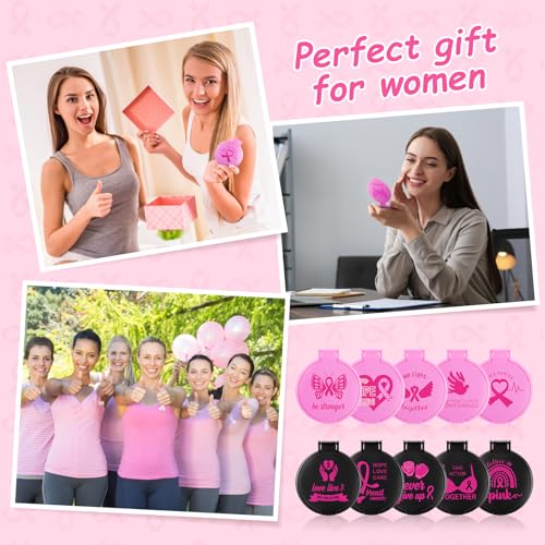 Yexiya 100 Pcs Breast Cancer Awareness Gift Bulk Breast Cancer Round Mini Folding Makeup Mirror with Pink Ribbon Pocket Travel Mirror for Women Friends(Pink, White and Black,Inspirational)