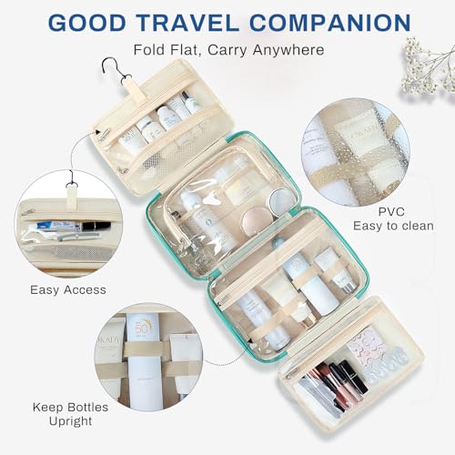 Large Travel Toiletry Bag for Women, Waterproof Hanging Toiletry Bags with Jewelry Organizer, Cosmetic Makeup Bag Organizer, Full-size Container, Travel Essentials Accessories, Shampoo, Green
