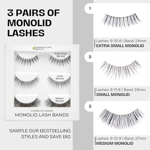 Best False Lashes for Monolids Starter Kit - Natural Strip Lashes, Smaller Sizes, Eyelid Lifting for Heavy Eyelids - 3 Pairs of Lashes, Lash Applicator, and Lash Adhesive - Hannah Cho Beauty