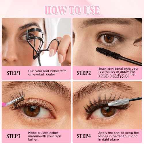 DIY Eyelash Extension Kit, 240pcs lash Extension Kit 9-15mm Mix, 30D 40D Curl Individual Lash Clusters with Bond, and Tweezers
