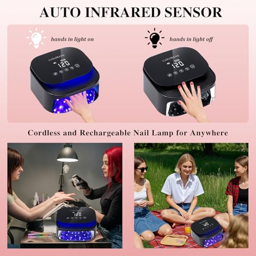 Cordless UV LED Nail Lamp with 6 Nail Art Brushes and 2 Dotting Pens, 60W Rechargeable Nail Dryer Gel Polish Light, Auto Sensor and LCD Display, Portable 30 Beads LED Nail Light with 4 Timer Setting