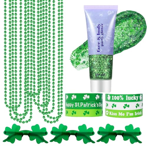 19PCS St. Patrick's Day Accessories Set, Green Face & Body Glitter, Green Glasses, Irish Bracelets, Round Bead Necklaces, Party Favors for Women and Family