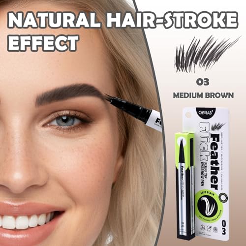 Feather Flick Fluff Tip Eyebrow Pen Natural Hair Like Brow Strokes Angled Multi Tip Precision Brow Pen for Sparse Brows Long Lasting Smudge Resistant (SOFT BLACK, 0.018 fl oz. / 0.55 ml£¨pack of 1£©)