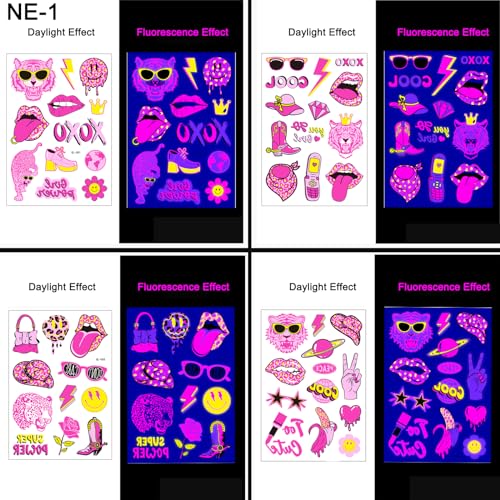 4 Sheets Glow in The Dark Temporary Tattoos for Kids Adults Waterproof Neon UV Blacklight Body Face Flash Fake Tattoo Stickers Rave Party Supplies (Multicolor-3)