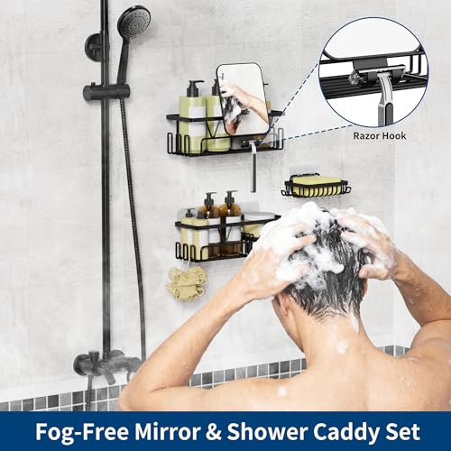 KEGII Fogless Shower Mirror for Shaving with Razor Holder, 4 Pack Adhesive Shower Caddy Set with Soap Holder & Hooks, No-Drill Rustproof Bathroom Organizer, Black