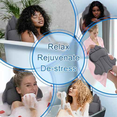 Bath Pillows for Tub, Luxury Bath Pillow Soft 4d Mesh, Bathtub Pillow with 6 Suction Cups, Ergonomic Bath Tub Pillows for Head and Neck, Bath Accessories for Women Relaxation Gifts (Grey)