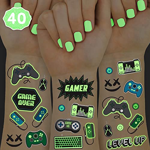 xo, Fetti Video Game Party Supplies Temporary Tattoos - 40 Glow in the Dark Styles | Videogame Birthday Favors, Decorations, Controller, Computer Keyboard, Gamer, Arcade