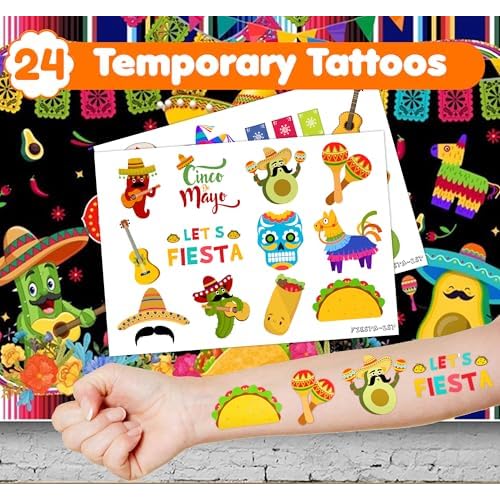 36PCS Fiesta Party Favors - 24PCS Temporary Tattoos & 12PCS Stamps - Ideal Mexican Cinco de Mayo Taco Themed Birthday Card Decorations Supplies Goodie Bag Cute Rewards for Boys Girls Kids Gifts Prizes