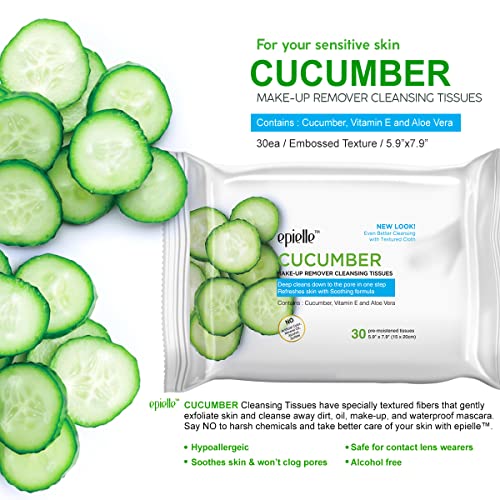 Epielle Cucumber Makeup Remover Wipes, Gentle Daily Facial Cleanser Towelettes, Remove Dirt, Oil & Waterproof Mascara, Stocking Stuffers, 30 Count (Pack of 6)
