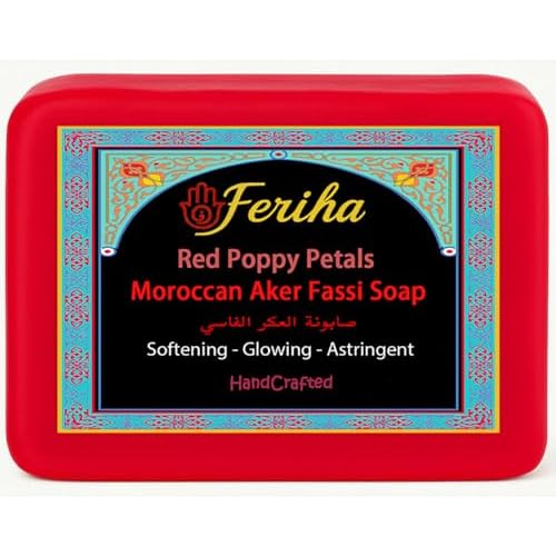 FERIHA Brightening Facial Soap Bar with Aker Fassi ? Red Poppy & Pomegranate for Radiant Skin ? Enriched with Argan Oil, Shea Butter & Rhassoul Clay ? Gently Softens and Evens Tone - 3.5 Oz
