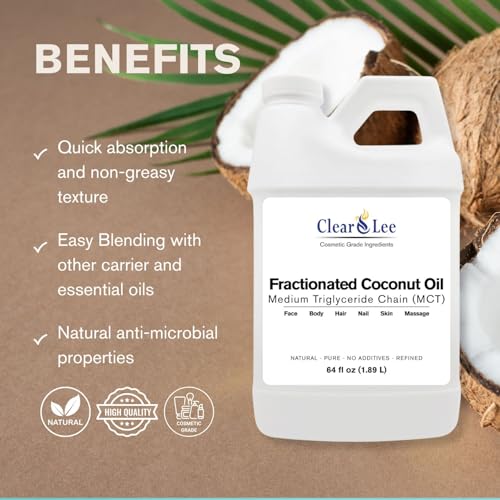ClearLee Fractionated Coconut Oil MCT - Cosmetic Grade Natural & Pure Oil for Massage, Body, Hair, Skin, Face, Nail, Spa, Aromatherapy Carrier for Essential Oils, Soap Making, Serums & more (64 oz)