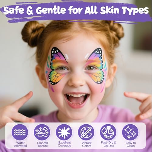 Face Painting Kit for Kids, 18 Colors Water Activated Face Paint with Brushes & Stencils, Non-Toxic Halloween Makeup Kit, Professional Face Body Paint for Halloween, Parties, Carnival, School Events