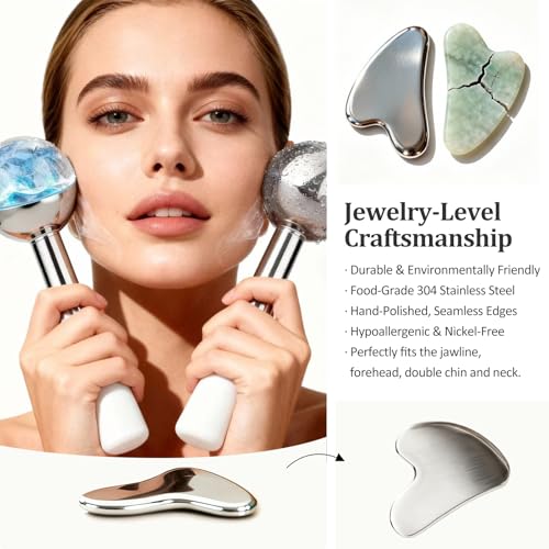 Ice Roller for Face &Gua Sha Facial Tools, Stainless Steel Ice Roller for Depuffing, Lymphatic Drainage, Fine Lines&Collagen Boost on Face&Body, Valentines Day Gifts for Her/Him, at Home Spa