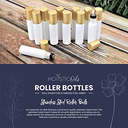 12-Pack 10ml White Glass Roller Bottles with Brushed Gold Leakproof Caps ? Refillable Roll-On Bottles with Updated Roller Insert for Essential Oils, Serums, Perfumes, and DIY Aromatherapy