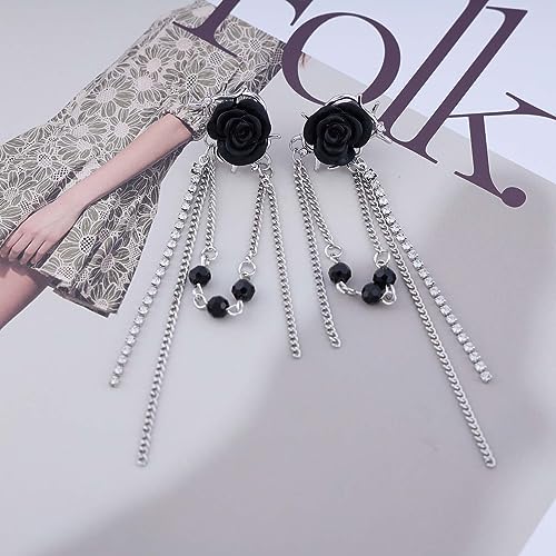 Punk Black Rose Flower Earring Long Rhinestone Chain Drop Earrings Silver Cz Tassel Ear Cuff Jewelry for Women