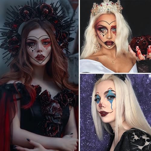 2 Pcs Clown Face Makeup Stickers: 3D Gemstone Rhinestone Gems, Scary/Confused Clown Face Glitter Tattoo for Halloween Carnival Party