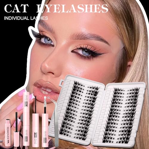 Cat Eye Lash Clusters Kit, 32 Pairs DIY Wispy Cat Eyelashes Extensions Kit, 8-16MM Clusters Lashes Natural Fluffy Lash Book with Lash Glue (Bond & Seal), Lash Remover, Lash Tweezer