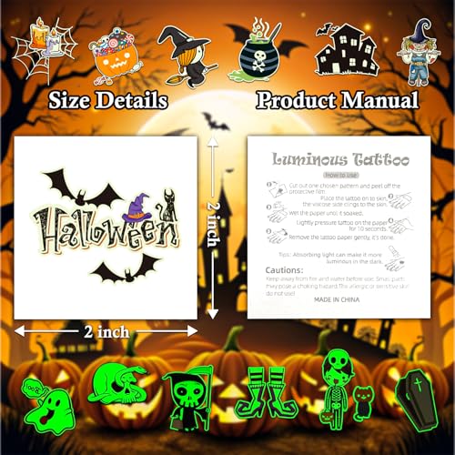 112 Pcs (2" x 2") Glow Halloween Tattoos for Kids, Luminous Halloween Temporary Tattoos for Party Favors Supplies Goodie Bags Gifts Decorations