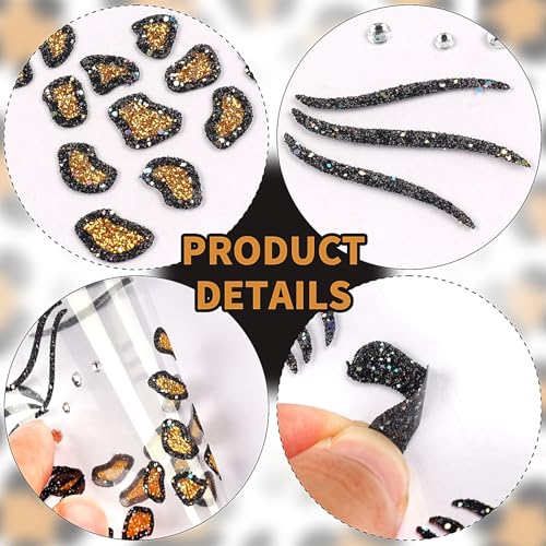 Glitter Leopard Face Jewels Halloween Temporary Tattoo Stickers Animals Face Gems Jewels Self-Adhesive Halloween Dress Up Sticker for Festival Holiday Party Accessories 2PCS