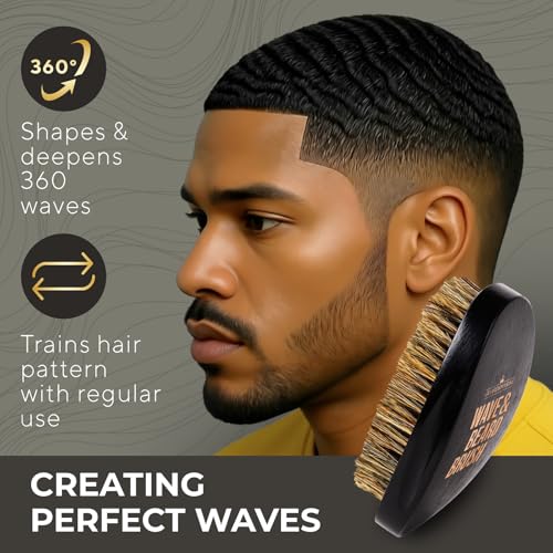 GUARD&MARINE Wave & Beard Brush for Men ? Natural Boar Bristles, Palm Curve Design, Wood Handle ? Shapes 360 Waves & Softens Beard