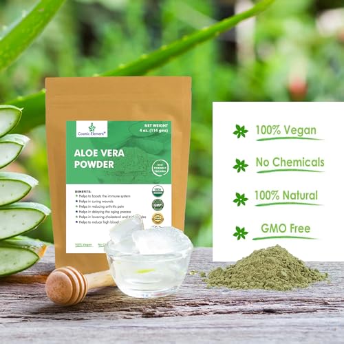 Cosmic Element Organic Aloe Vera Powder - 100% Pure Leaf Gel | Hydrating After Sun Care, Moisturizing for Face, Body & Skin | Ideal for Sun Burn, Acne, and Dry Skin - Aloe Vera Powder for Hair - 4 oz