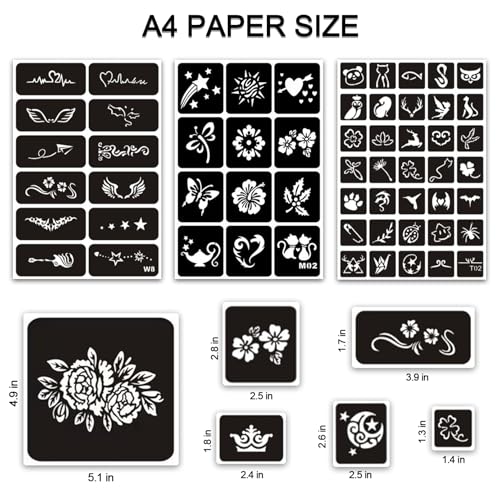 Temporary Tattoo Stencils for Women Girls and Kids, 350+ PCS Henna Tattoo Stencil Kit,Temporary Indian Arabian Glitter Airbrush Tattoo Stencils for Face Body Paint DIY