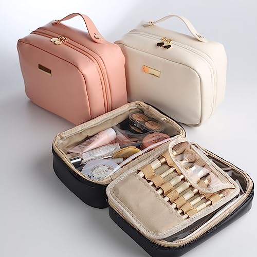 Portable Large Capacity Cosmetic Bag, Skincare Products, Makeup Brush Storage Bag, Double Layer Makeup Bag (White)