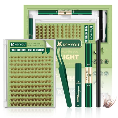 KEYYOU Natural Lash Clusters Kit 144Pcs DIY Lash Extension Kit Wispy Eyelash Extensions Kit D Curl 8-16MIX with Bond and Seal and tweezers with Thin Lash £¨KIT-N03-Brown-D-8-16MIX£©