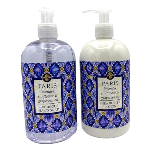 Greenwich Bay Trading Co., Destination Collection - Paris, Hand Soap and Shea Butter Lotion Set, 16 Ounces Each, Purple, white