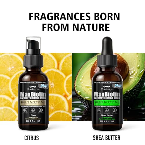 Biotin Beard Growth Oil for Men - 2 Pack Natural Conditioning Oil with Castor & Jojoba | Scented with Citrus & Shea Butter | Softens, Thickens, Moisturizes | Premium Beard Gift Set 2 OZ Each