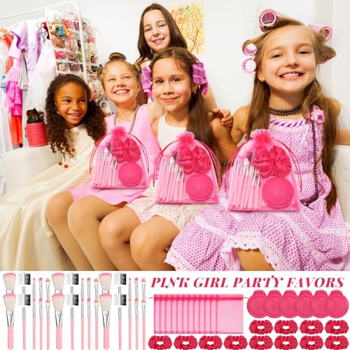 Pink Girl Party Favors Girl Makeup Party Favor Party Supplies Set Includes Pink Gauze Bags, Hair Scrunchies, Foldable Mirror Hair Brushes, Makeup Brushes Toys(48 Pcs)