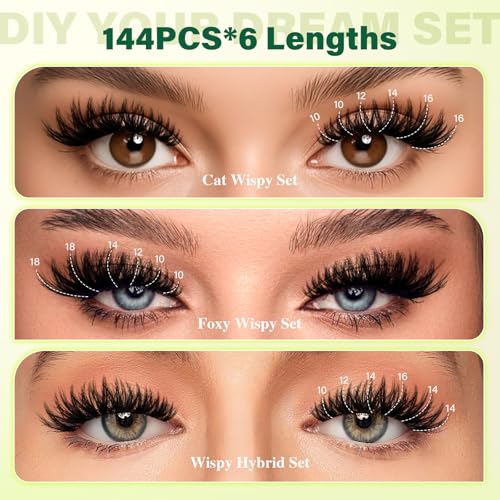 KEYYOU LASH Flora Lash Clusters Kit 3D DIY Lashes Extension Kit Eyelash Clusters 144pcs Thick Individual Lashes Fluffy and Soft Wispy Volume Lashes with Waterproof Lash Bond and Seal & Remover (F01)